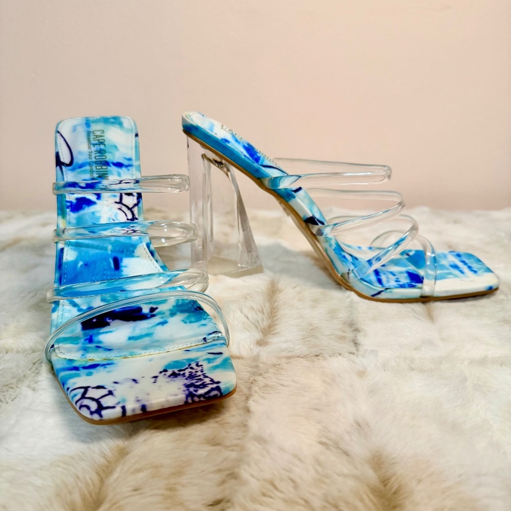 Cape Robbin 4.5" Marbled Blue & White Wedge Heel With 4 Clear Straps Sandal - Picture 8 of 11
